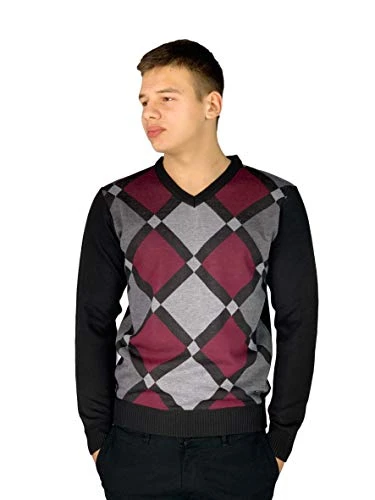 Mens New Season Crew and V-Neck Argyle Knitted Jumper (XL, Style 1 - Burgundy(V-Neck))