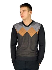 Mens New Season Crew and V-Neck Argyle Knitted Jumper (XL, Style 2 - Mustard(V-Neck))
