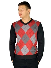 Mens New Season Crew and V-Neck Argyle Knitted Jumper (XL, Style 3 - Red(V-Neck))