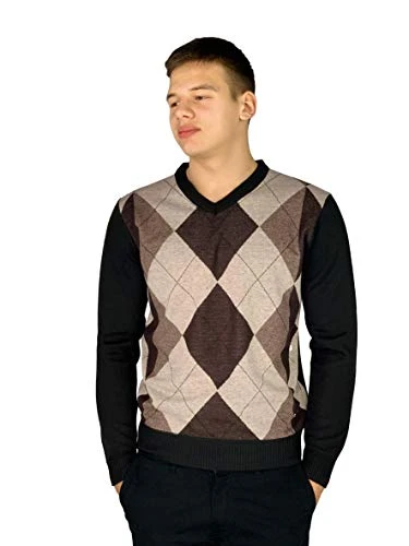 Mens New Season Crew and V-Neck Argyle Knitted Jumper (XL, Style 5 - Brown(V-Neck))