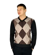 Mens New Season Crew and V-Neck Argyle Knitted Jumper (XL, Style 5 - Brown(V-Neck))