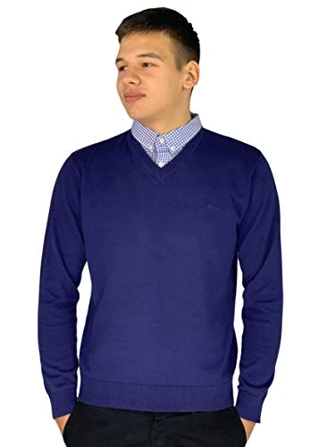 Mens New Season V-Neck and Crew Neck Knitted Jumper with Mock Shirt Collar Insert (4XL, Cobalt)