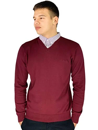 Mens New Season V-Neck and Crew Neck Knitted Jumper with Mock Shirt Collar Insert (4XL, Dark Red)