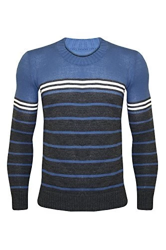 Mens New Striped Crew Neck Casual Knitwear Knitted Pullover Sweater Jumper Top Blue Grey - Warm Ther