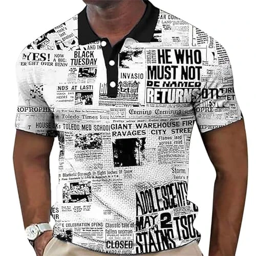 Men's Newspaper Pattern 3D Printed Street Shirt Summer Fashion Simple Polo Shirt Retro Casual Lapel Button Short Sleeve T-Shirt