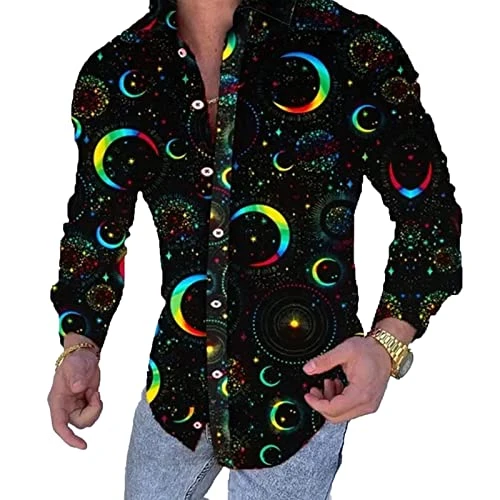 Men's Night Sky Moon and Stars Slim Fit Shirts Long Sleeve Button Down Casual Shirts Black