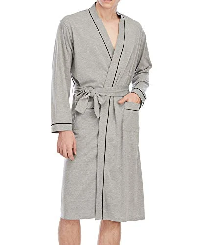 Men's Nightgown Long Sleeve Cotton Bathrobe Dressing Gown Lightweight Robes with Belt & Pockets Comfy Sleepwear Warm Robe Loungewear Pyjamas for Men