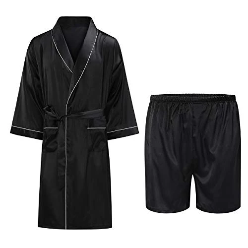Men's Nightgown Summer Thin Print Pajamas Home Sleepwear Long-sleeved Bathrobe Shorts Two-piece Set Type 11 4XL