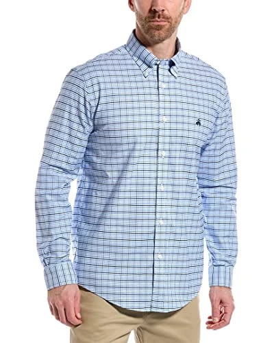 Men's Non-Iron Stretch Oxford Long Sleeve Pattern Sport Shirt Button, Blue Check Multi, S/M