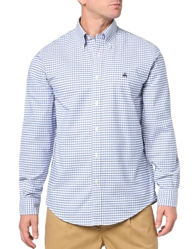 Men's Non-iron Stretch Oxford Sport Shirt Long Sleeve Check Button, White/Blue Multi, XXL/3XL