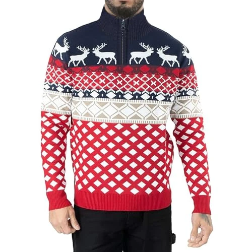 Mens Novelty Knitted Christmas Sweater Jumpers (XXL, Navy Zip Neck)