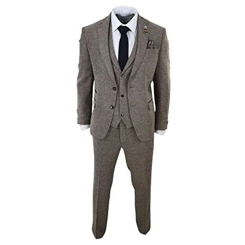 Mens Oak 3 Piece Tweed Suit Herringbone Wool Vintage Retro Fit