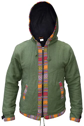 Men's Ofal Cotton Fleece Lined Ethnic Nepalese Full Zip Winter Jacket Hoodie Green Medium