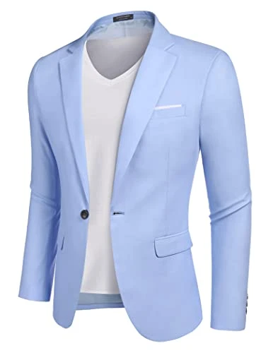 Men's One Button Blazer Sport Coat Lightweight Jacket Smart Suits Regular Fit Business Suit Tuxedo Sky Blue 3XL