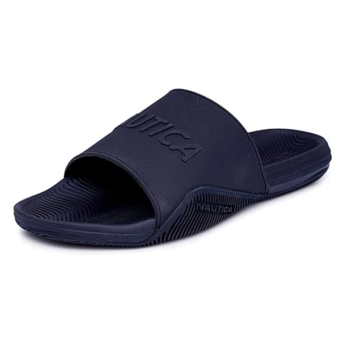 Men's Open Toe Slide Sandals - Comfortable Indoor & Outdoor Shower Slippers, Navy Mono Timra, 6 UK