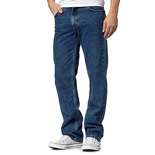 Mens Original 100% Cotton Jeans Plain Straight Leg Heavy Duty Denim Wash Boys Jean Classic Designer Stretch Fit Casual Work Wear Zip Fly Belt Loop Pants Pocket Trosuers Sizes 30-50(Dark Blue, 34/29)
