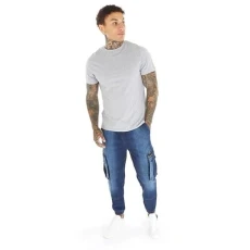 Mens Original Cuffed Jogger Jeans Cargo Pant Denim Jeans Elasticated Waist Drawcord Multi Pocket Combat 6 Pockets Cuff Leg Dark Blue 32W / 32L