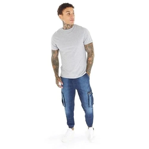 Mens Original Cuffed Jogger Jeans Cargo Pant Denim Jeans Elasticated Waist Drawcord Multi Pocket Combat 6 Pockets Cuff Leg Dark Blue 32W / 32L