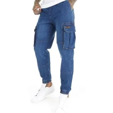 Mens Original Cuffed Jogger Jeans Cargo Pant Denim Jeans Elasticated Waist Drawcord Multi Pocket Combat 6 Pockets Cuff Leg Light Blue 38W / 32L