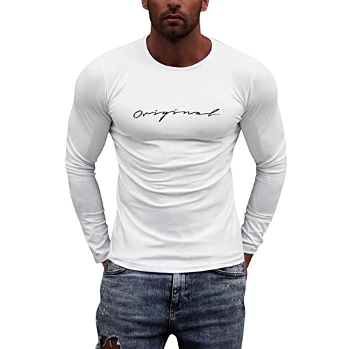 Mens Original Long Sleeve T-Shirt Printed Plain T Shirts Men Regular Fit Mens t-Shirts Colorful Party Top Quick Dry Men's Activewear T-Shirts White