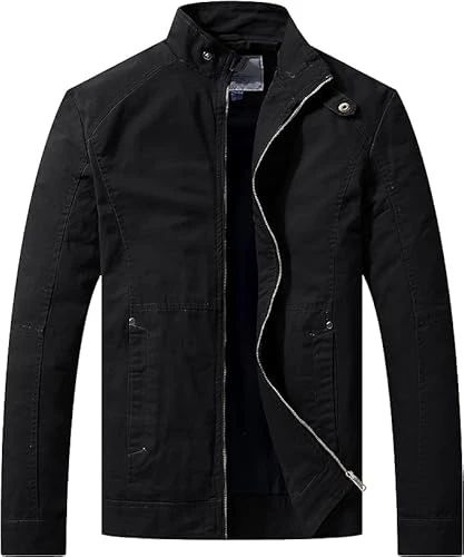 Men's Outdoor Lightweight Jacket Casual Cotton Coat Windproof Warm Jackets Classic Full-Zip Jacket Black S
