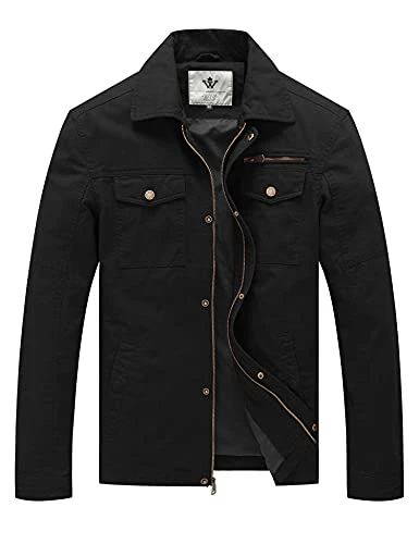 Men's Outdoor Lightweight Jacket Casual Summer Jacket with Multi Pockets Military Jacket Black L