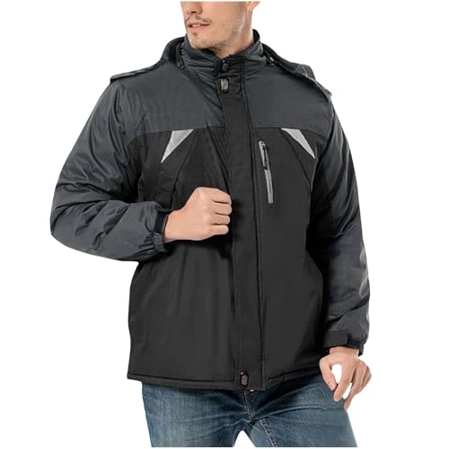 Men's Outdoor Windproof Coats Color Blocked Fleece Lined Jackets with Pocket Zipper Coat with Detach