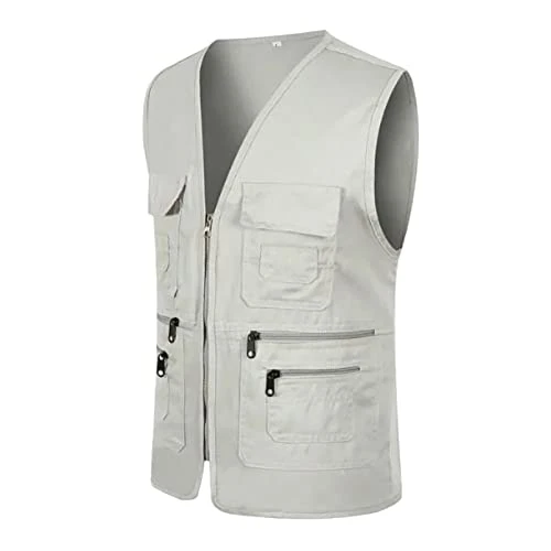 Men's Outdoor Work Vest Casual Travel Photo Vest Cargo Vest with Multiple Pockets Jacket Vest Men Winter, beige, 3XL