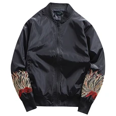 Mens Oversize Flight Pilot Bomber Jacket Long Sleeve Embroidery Flower Printing Coat Outwear Tops Black M