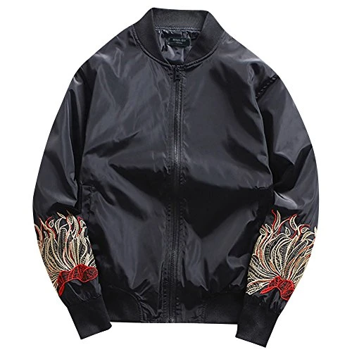 Mens Oversize Flight Pilot Bomber Jacket Long Sleeve Embroidery Flower Printing Coat Outwear Tops Black M