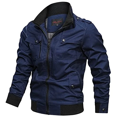 Men's Oversize Jacket Lightweight Vest Jackets with Full Zip and Pockets Solid Color Windbreaker Classic Slim Collar Vintage Long Sleeve Jacket Fashionable Outerwear Slim Jacket, blue, XL