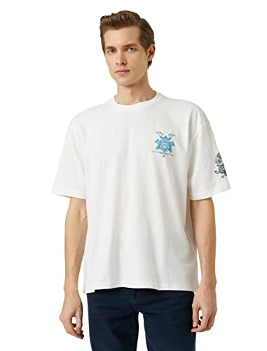 Men's Oversized T-Shirt Far East Back Printed Crew Neck Short Sleeve, White (000), S