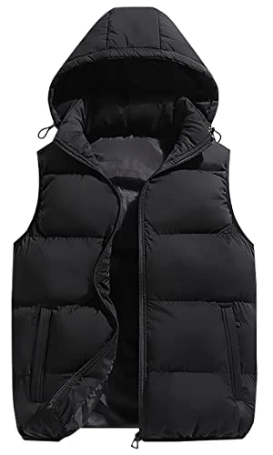 Men's Padded Gilet Winter Puffer Vest Sleeveless Detachable Hood Down Jacket Mens Sleeveless Windbreaker Coat Autumn Winter Black XXL
