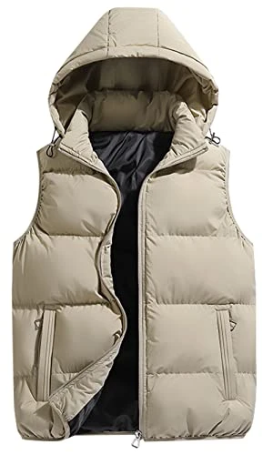 Men's Padded Gilet Winter Puffer Vest Sleeveless Hooded Jacket Outdoor Quilted Bodywarmer Coat Khaki M