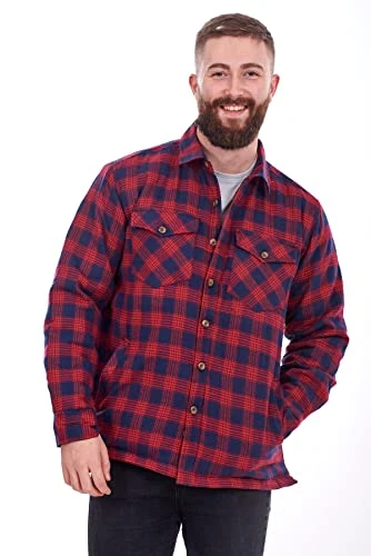 Mens Padded Work Shirt Quilted Yarn Dyed Cotton Buttons Thick Lumberjack Jacket, Red Navy Check,XXL