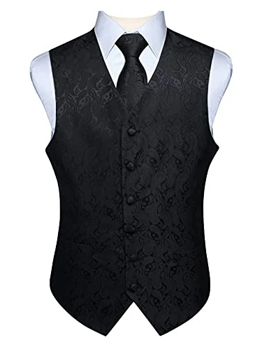 Men's Paisley Floral Jacquard Waistcoat&Necktie and Pocket Square Vest Suit Set, Black-2, 4XL(Chest 57 inch)
