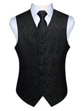 Men's Paisley Floral Jacquard Waistcoat&Necktie and Pocket Square Vest Suit Set, Black-2, 4XL(Chest 57 inch)