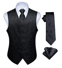 Men's Paisley Floral Jacquard Waistcoat&Necktie and Pocket Square Vest Suit Set, Black-3, L