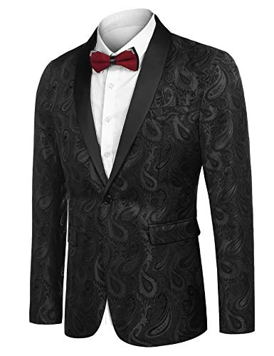 Mens Paisley Jackets Blazer Retro Jacket Slim Fit Tuxedo Suit Smart One Button Dinner Coat Wedding Party Black M