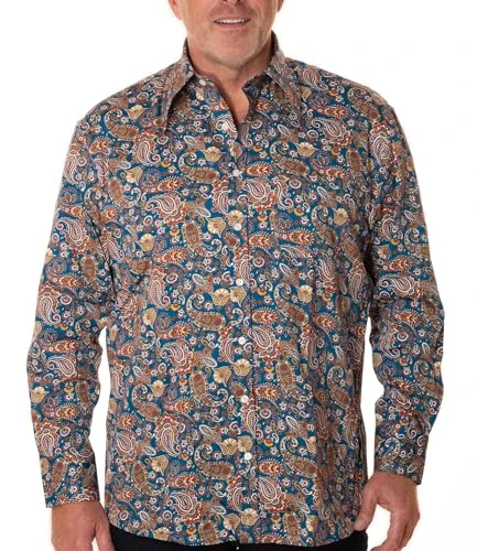 Men's Paisley Long Sleeve Shirt Navy Red in Comfort Fit, blue, M