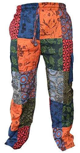 Mens Paisley Print Hippy Patchwork Lightweight Cotton Cargo Pants Animal Patch Medium