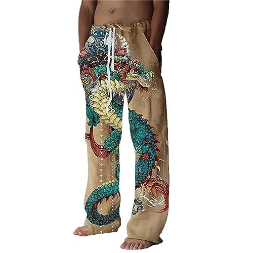 Men's Pajama Lounge Pants Dragon Print Drawstring Comfy Casual Stretch Palazzo Bottoms Wide Leg Pants