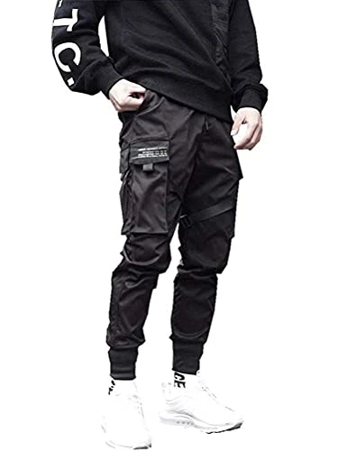 Men's Pants Jogging Chino Cargo Pants with Straps Hiphop Punk Pants Casual Pants G Black S