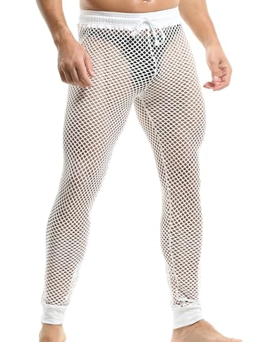 Men's Pants Transparent Net Leggings Mesh See Through Pajama Breathable Long Pants with Drawstring Sexy Men's Trousers Jogging Bottoms Underwear Tights Sleep Nightwear White XL