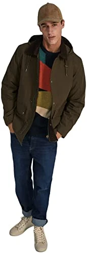 Men's Parka Corduroy Collar Detachable Hood Jacket, dark khaki, XL