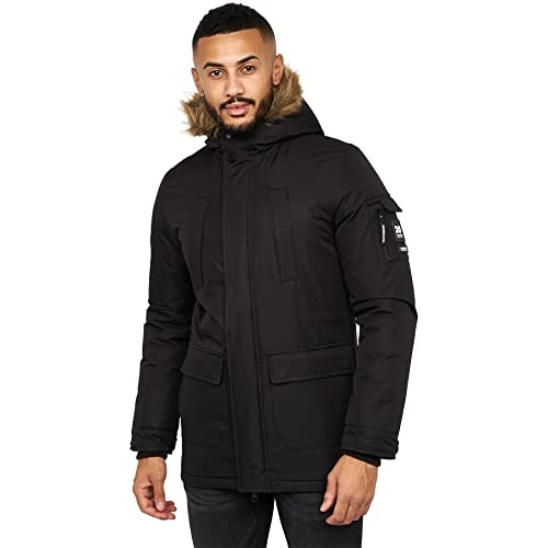 Mens Parka Jacket Coat Padded Quilted Faux Fur Lined Hooded Winter 2023 Winter Edition, Black, L