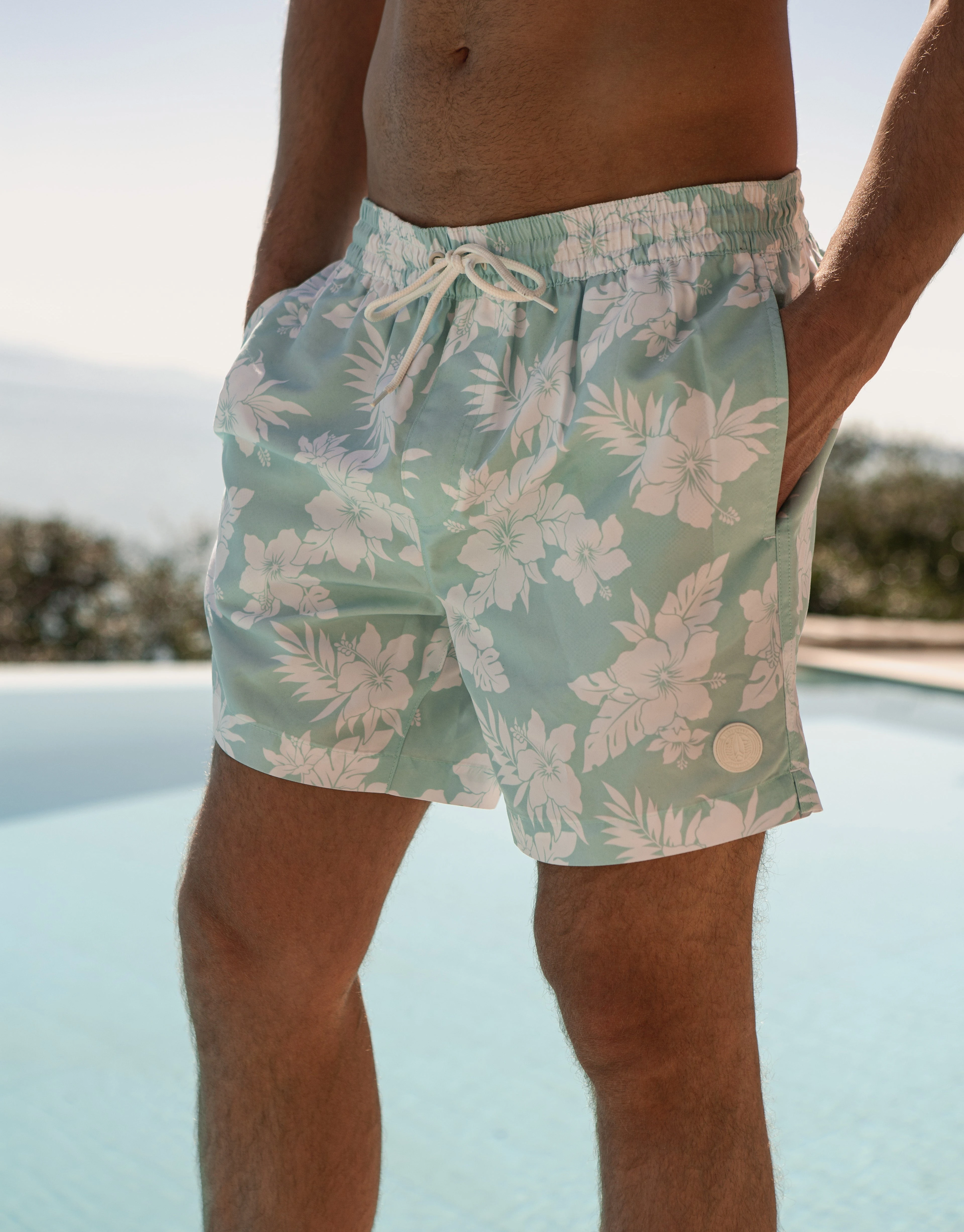 Men's Pastel Mint Tropical Print Swim Shorts