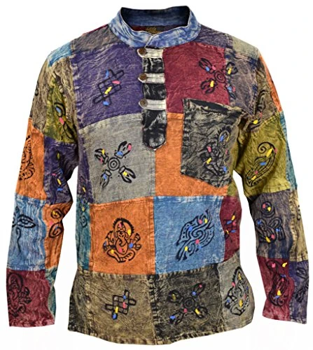 Men's Patchwork Hippie Grandad Printed Symbols Casual Shirt Stonewashed X-Large