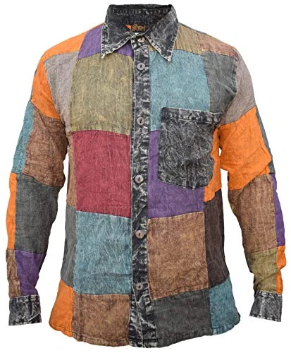 Mens Patchwork Long Sleeve Button Down Hippy Collar Shirt Plain Patch Large