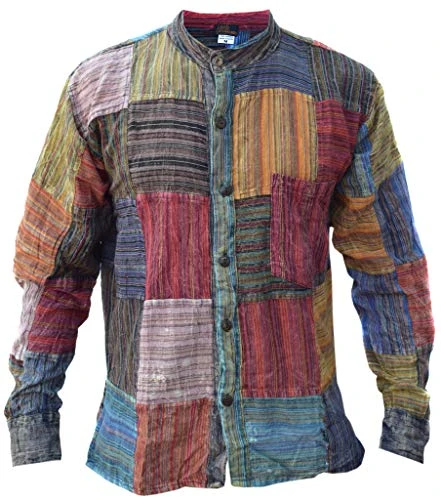 Men's Patchwork Striped Grandad Summer Festival Kurta Shirt Long Sleeve X-Large